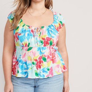 Floral Fitted Cap-Sleeve Smocked Crepe Top So Cute Large and XLarge